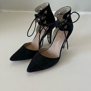 Jessica Simpson Cena Lace Up Black Suede Pointy Toe Heels Women's Size 8